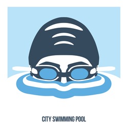 Premium logo labels swimmer's head with glasses and cap for swimming on the water surface with waves