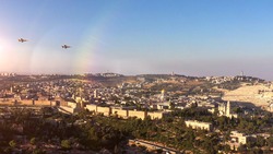 Jerusalem Old city and Idf jets flying over- Aerial view