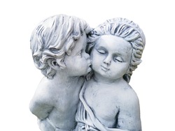 A boy kiss a girl statue on white background