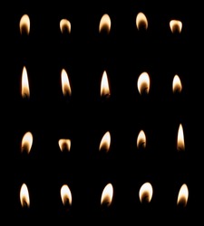 Candle flame set isolated over black background, collection of twenty images