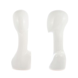 White plastic faceless mannequin head with the long neck, isolated over the white background, set of two foreshortenings