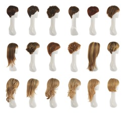 Hair wig over the white plastic mannequin head isolated over the white background, set of multiple different wigs in the side foreshortening