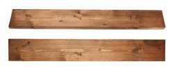 Brown paint coated pine wood board plank isolated over the white background, set of two foreshortenigns