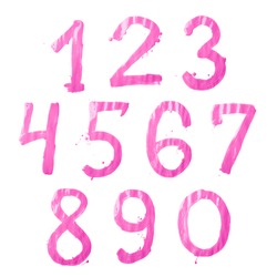 Set of ten number digit characters hand drawn with the oil paint brush strokes isolated over the white background