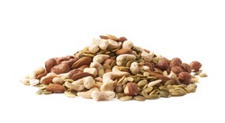 Pile of multiple nuts and seeds isolated over the white background
