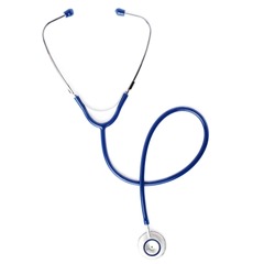 Close up view of blue stethoscope over isolated white background