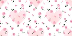 Seamless background with small roses and love hearts. Romantic floral cute pattern. Vector illustration.