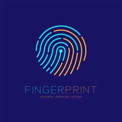 Fingerprint scan logo icon dash line design illustration blue and orange isolated on dark blue background with Fingerprint text and copy space, vector eps10