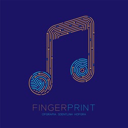 Music note sign pattern Fingerprint scan logo icon dash line, Musician concept, Editable stroke illustration blue and orange isolated on blue background with Fingerprint text and space, vector eps10