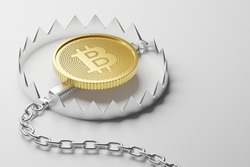 Isometric 3D rendering gold Bitcoin with iron trap, Cryptocurrency investment technology digital money risk concept design on white background with copy space
