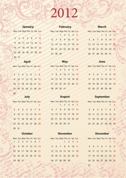 European Vector pink floral calendar 2012, starting from Mondays