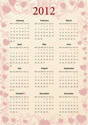 European Vector pink floral calendar 2012 with hearts, starting from Mondays