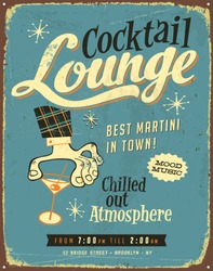 Vintage metal sign - Cocktail Lounge - Vector EPS10. Grunge effects can be easily removed for a brand new, clean sign.