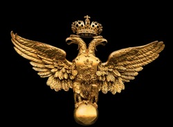Russian Double Headed Eagle the coat of arms. Russian Empire Emblem isolated in black background