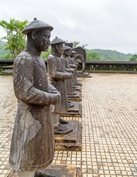 Stone statues on the Khai Dinh Royal Tomb in Hue, Vietnam. Nguyen Dynasty