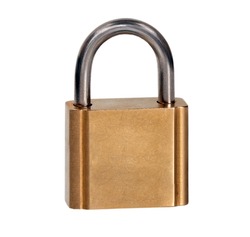 Padlock brass metal lock side view isolated
