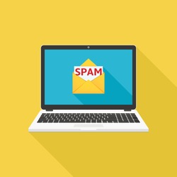 Laptop with spam email vector illustration, flat design