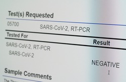 Computer screen showing a negative result for PCR test on nasal swab for SARS-CoV-2 or Covid-19