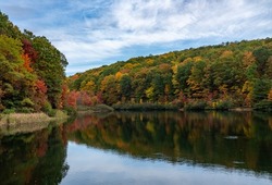 View of the Coopers Rock Lake and Glade Run in the state park in the autumn. Located near Morgantown WV