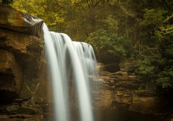 Twin cascades of Douglas Falls cascade over the cliff in Blackwater Canyon trail near Thomas WV