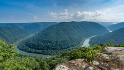 Panorama of New River at main overlook at Grand View in New River Gorge National park in West Virginia
