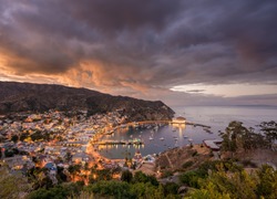 Panorama on Catalina Island off California at sunset with harbor at Avalon
