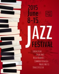 Jazz music festival, poster background template. Keyboard with music notes. Flyer Vector design. 