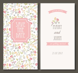 Vintage vector card templates. Can be used for Save The Date, baby shower, mothers day, valentines day, birthday cards, invitations. Seamless pattern is masked