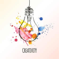 Creativity concept. Light bulb with watercolor splashes. Concept or creative thinking and unique ideas. Vector illustration