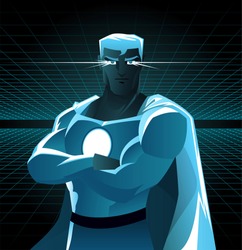 Superhero galaxy with shining eyes and blue costume in between dimensions galaxy power. With blue costume and light blue cape, black belt and superhero power on its chest vector illustration. 