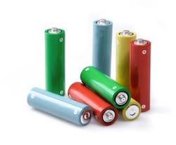 Colorful batteries alkaline 1.5 Volts in size AA on white background