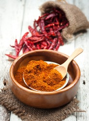 Cayenne pepper spice on wooden table