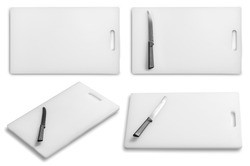 Collection of Cutting board and kitchen knife on a white background