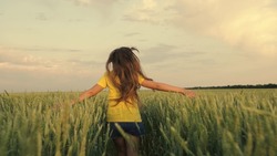 Happy girl runs on a green wheat field. In summer, a free girl runs merrily in a wheat field. The teenager dreams of flying and holds his hands like the wings of an airplane. Childhood