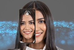 Asian Woman Face detection and recognition by smart mobile phone for unlock over the Technology background, Biometric Verification,  Computer vision and artificial intelligence concept