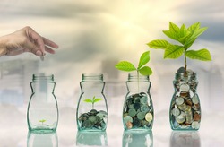 Hand putting mix coins and seed in clear bottle on cityscape photo blurred cityscape background,Business investment growth concept