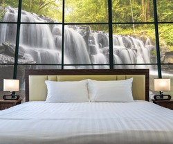 Luxury Interior bedroom with windows glass beside Beautiful waterfall in the deep forest, relax and holiday concept, dicut each elements.