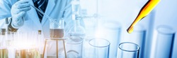 scientist holding flask with lab glassware and test tubes in chemical laboratory background, science laboratory research and development concept
