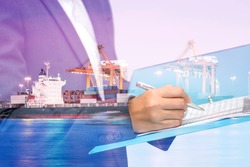 double exposure of Business woman inspect a document with blur ship and port at night 