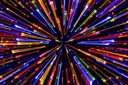 Neon firework lights, bright radial laser beam lights background, nightlife and party concept, disco and dancing nightclubs pattern