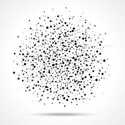Vector halftone abstract sphere of black random dots on white background, spot of circles, vector design element.