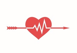 The arrow of love pierces and breaks the heart. Conception of Broken heart. Electrocardiogram heartbeat chart. Vector Illustration.