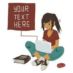 Girl Writing Text Message on notebook. The vector illustration of young girl writing message on her mobile phone.