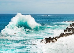 Ocean wave background breaking sea water rocky shore rough seas turquoise water gradient foam, Porto Moniz Madeira