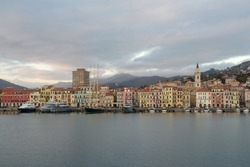 Imperia Oneglia ancient harbour, view from the sea, Italian Riviera, Liguria region