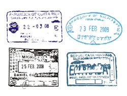 Passport stamps from Costa Rica, Nicaragua, Guatemala, Honduras