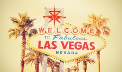 Retro cross processed photo of the Welcome To Las Vegas Sign, USA.