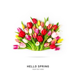 Creative layout with colorful tulip flowers bouquet and banner isolated on white background. Floral composition with beautiful fresh tulips. Hello spring and easter concept, flat lay, copy space