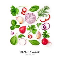 Red pepper, basil leaves, onion, radish, parsley and garlic creative pattern isolated on white background. Healthy eating and food concept. Fresh salad vegetables. Top view, flat lay, design element