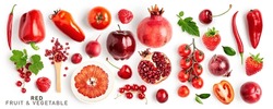 Red fruit and vegetable mix collection. Pomegranate, tomato, apple, pomelo, radish, currant, plum, cherry, strawberry, raspberry, onion, pepper isolated on white background. Flat lay, top view